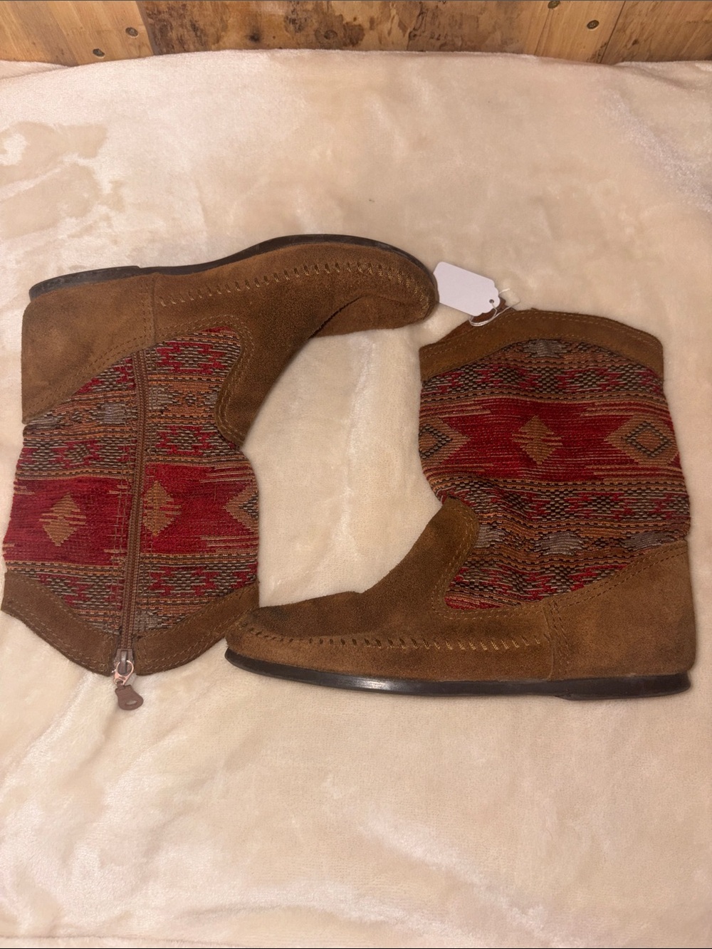 #142 Minnetonka Brown Suede Ankle Boots with Red Southwestern Panel